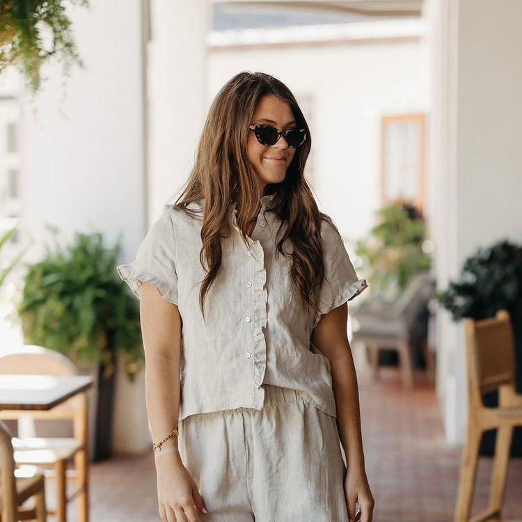 Oatmeal Linen Ruffle Collar Top