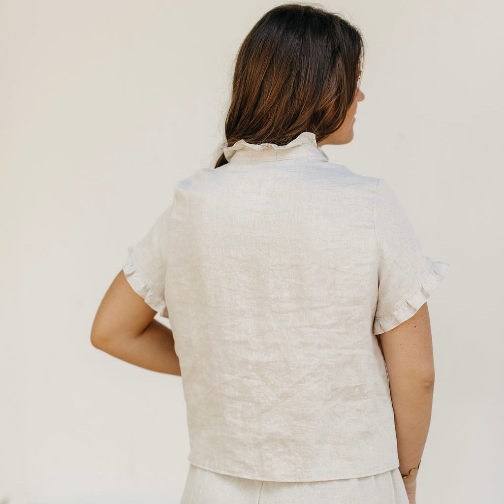 Oatmeal Linen Ruffle Collar Top