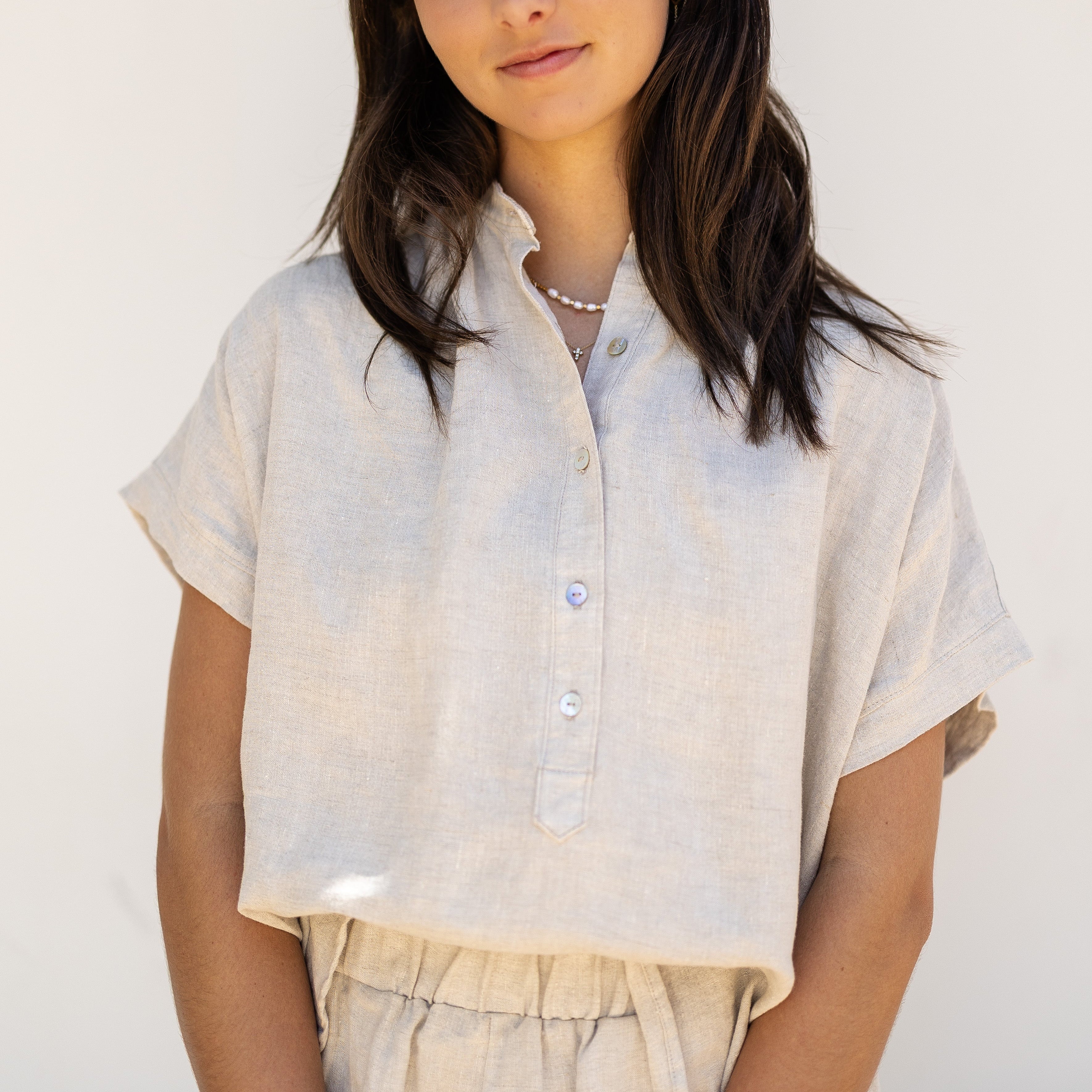 Oatmeal Linen Mandarin Collar Top