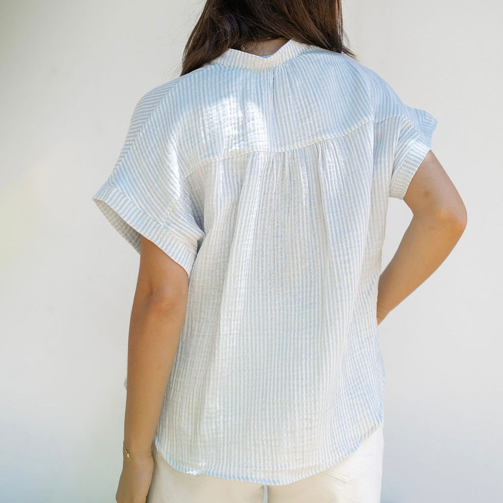 Coastal Stripe Mandarin Collar Top
