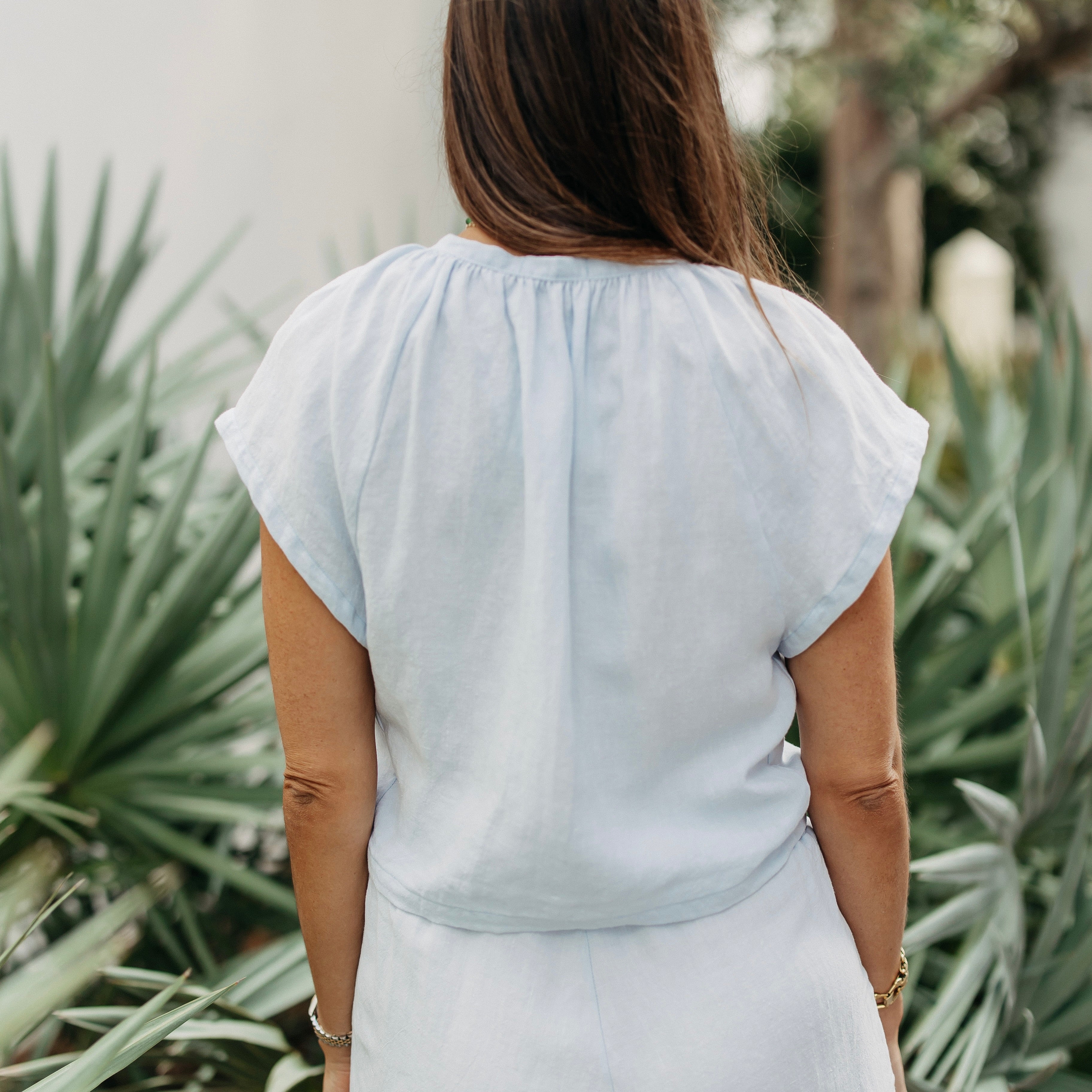 Sky Linen Tie Front Top