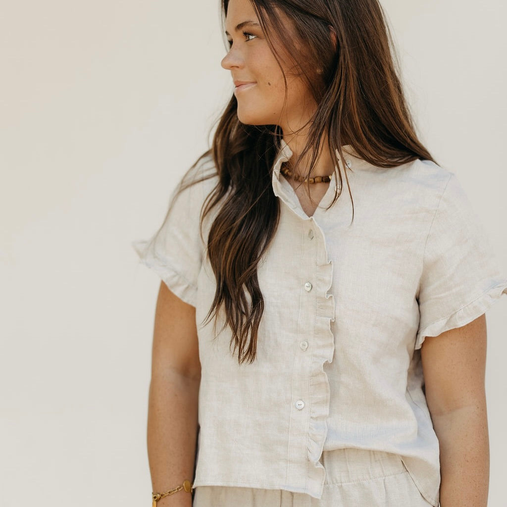 Oatmeal Linen Ruffle Collar Top