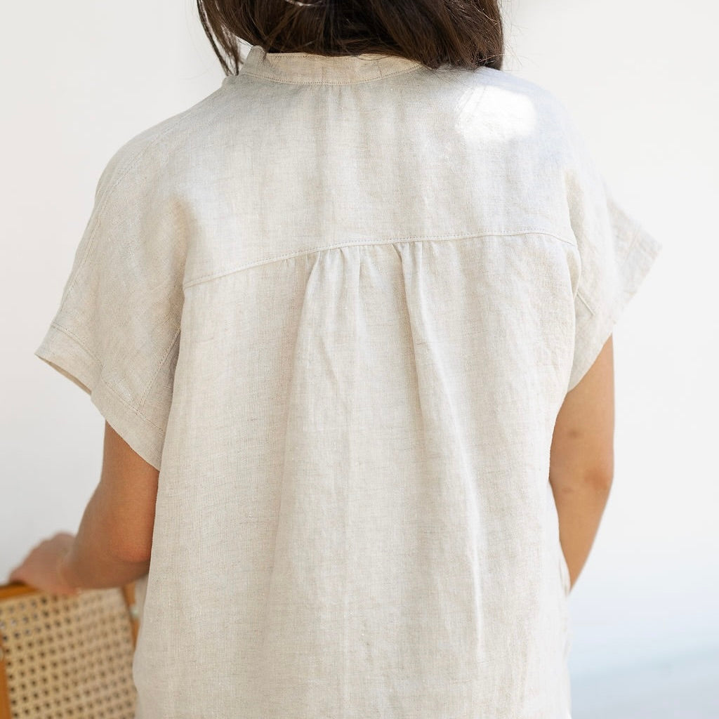 Oatmeal Linen Mandarin Collar Top