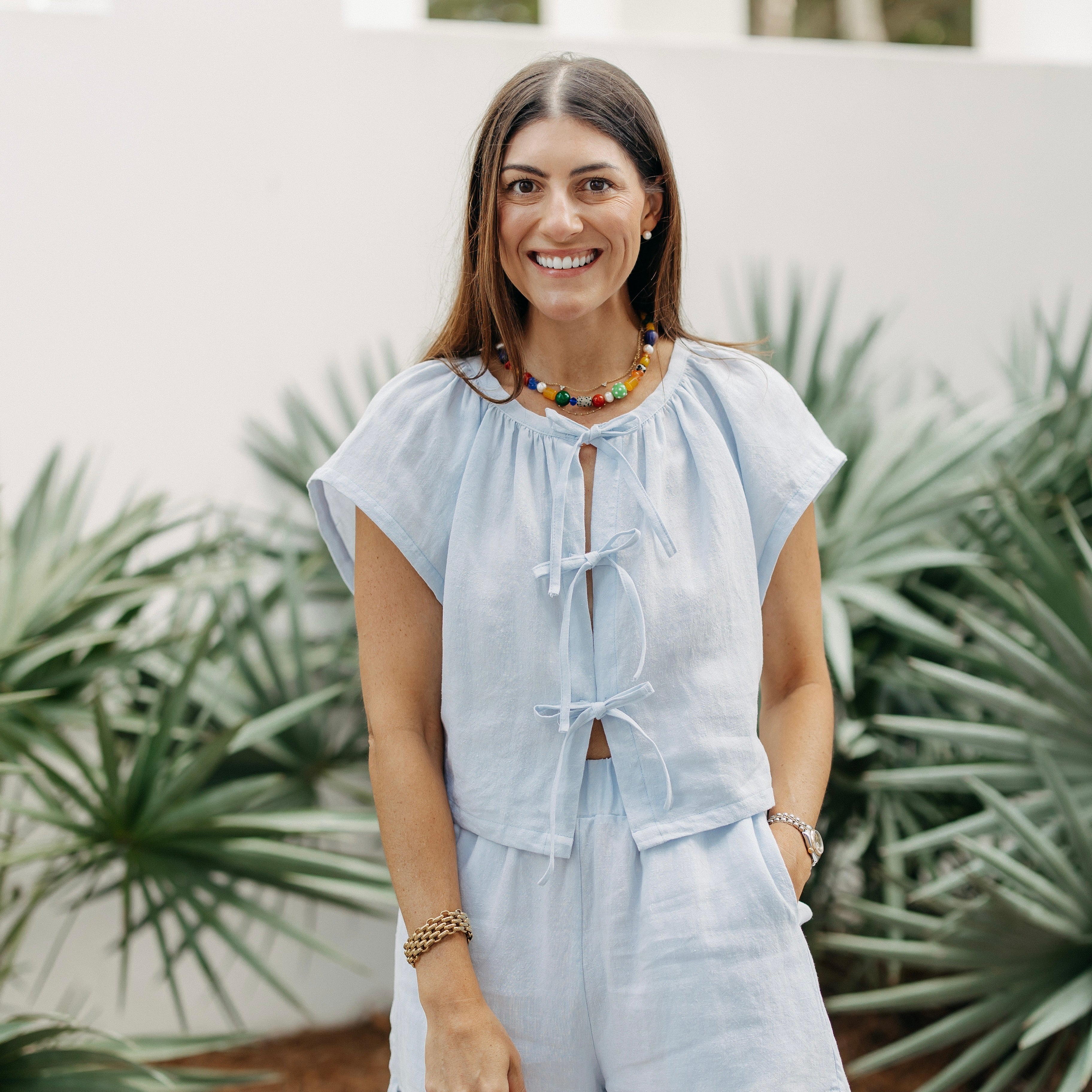 Sky Linen Tie Front Top
